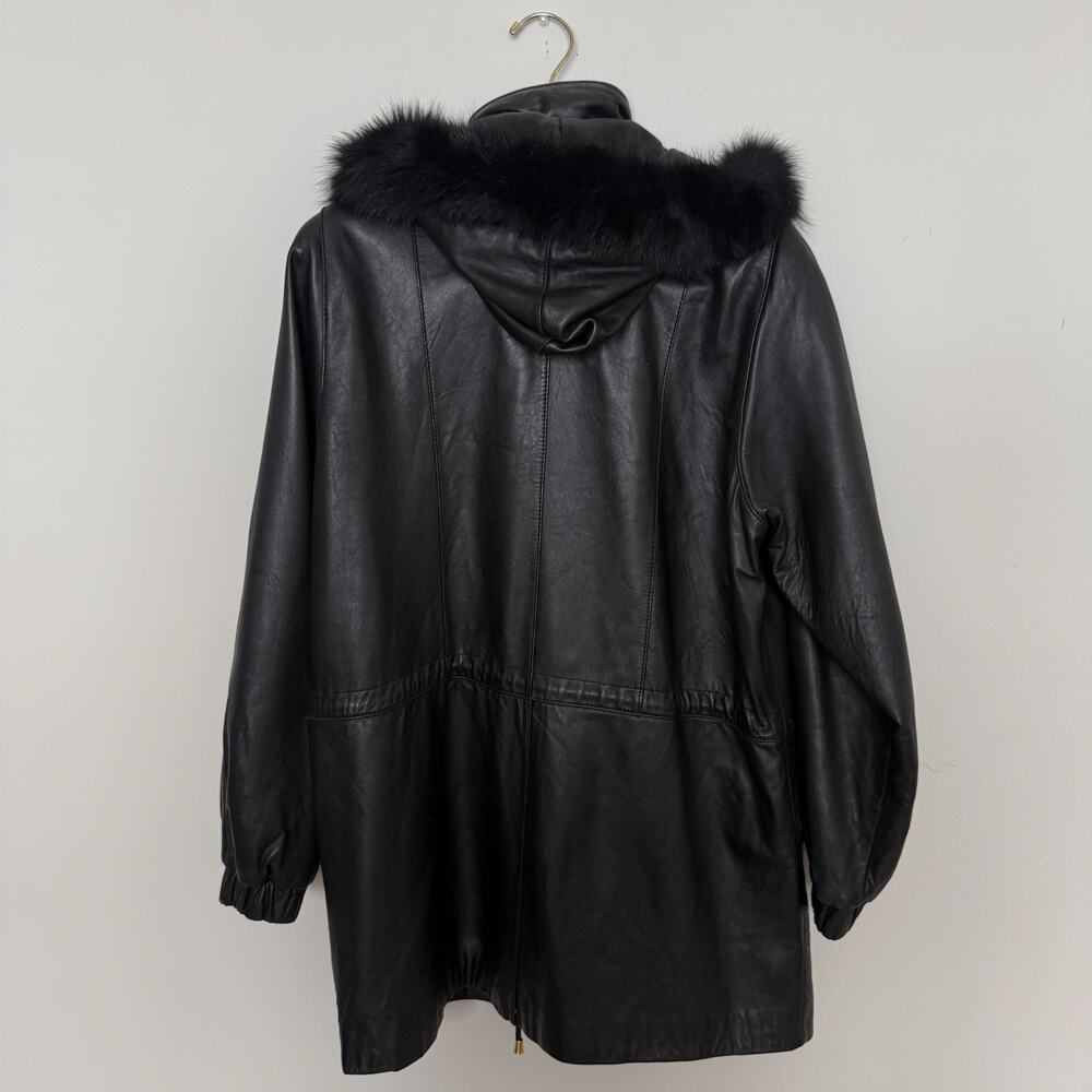 Worthington Womens Genuine Leather Coat Large Black Hooded Faux Fur Trim Luxury - Picture 16 of 16